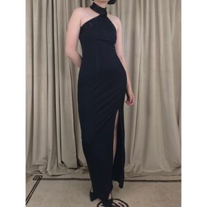 Vintage Cache Y2K Black Maxi Prom Dress Gown with Beaded halter Neck and Slit
